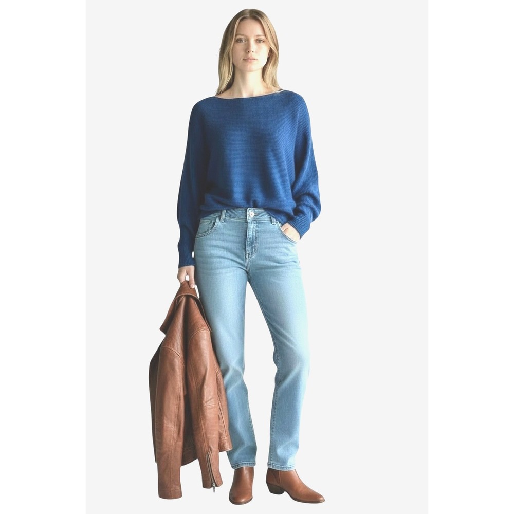 Full Circle Trends Women's Pullover Sweater S Blue Ribbed Boxy Cropped Stretch